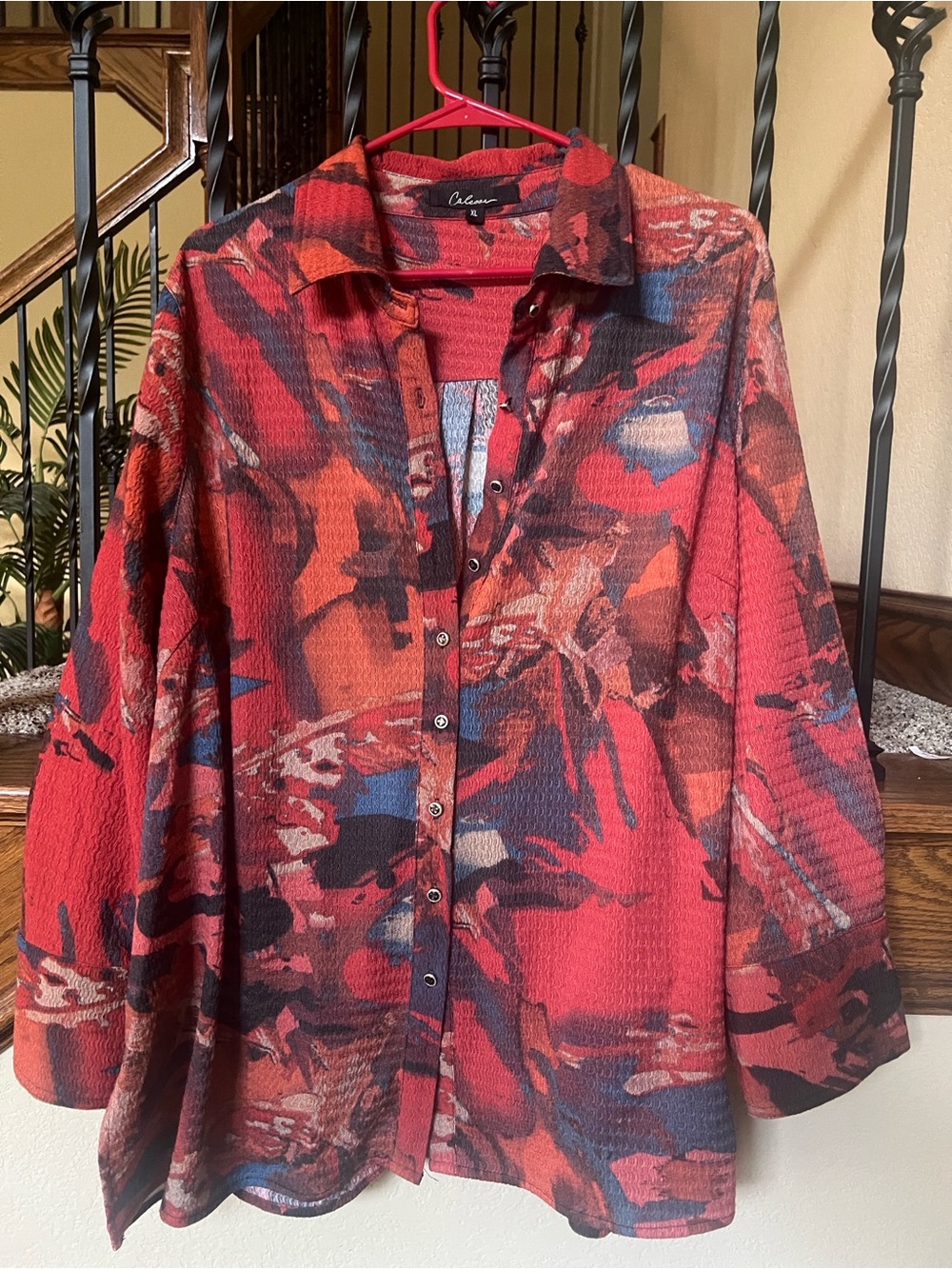Calessa Red Abstract Textured Button-Up Shirt